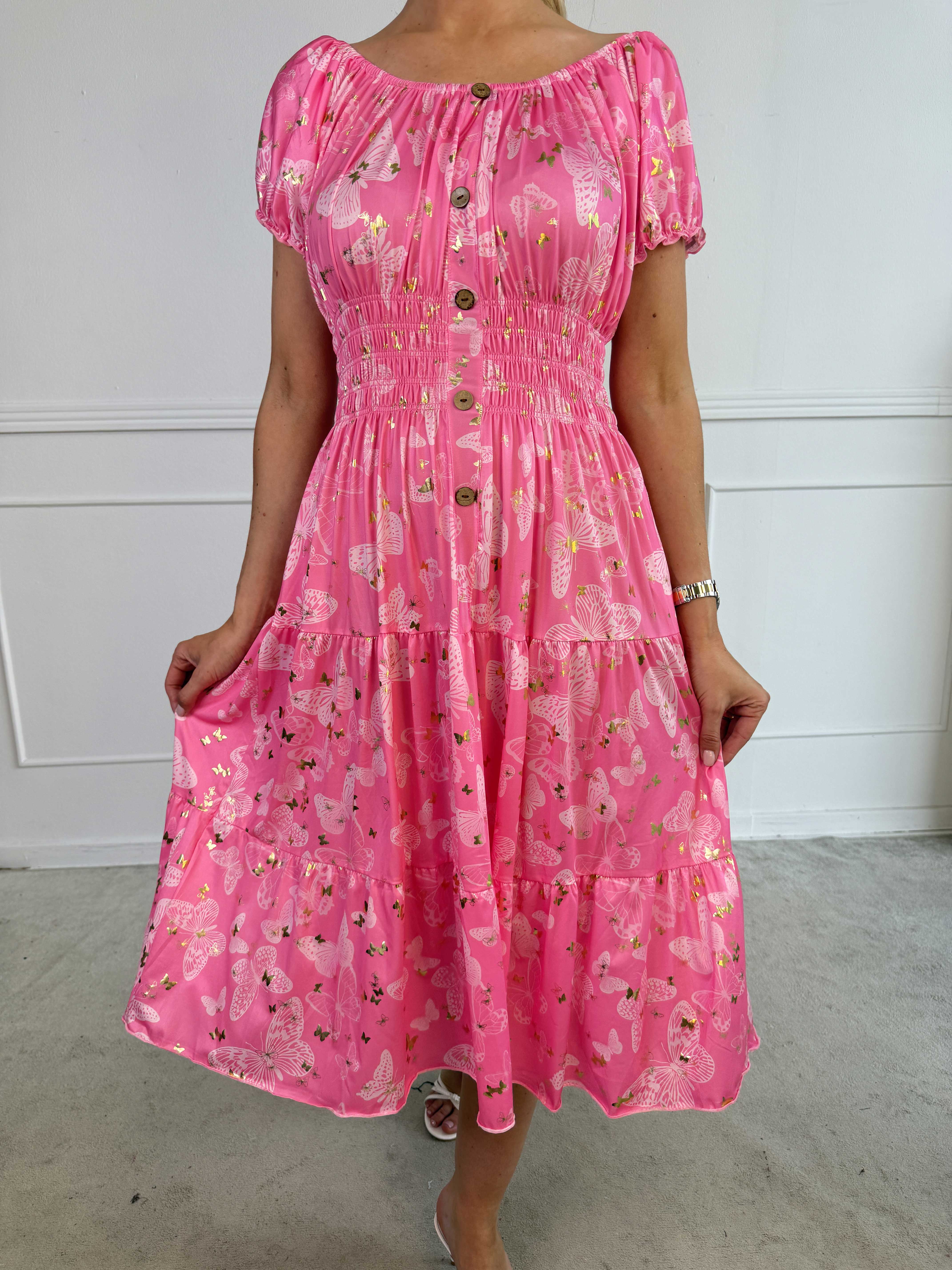 Tea Butterfly - Plus size kjole med smukt sommerfugleprint og elastisk udskæring